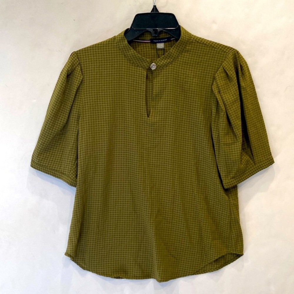 Tommy Hilfiger Olive Green Check Short Sleeve Blouse Shirt Small